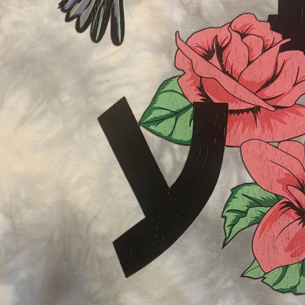 YoungLA Gray Tie-Dye Tee with Pink Roses & Hummingbirds M - Picture 5 of 6